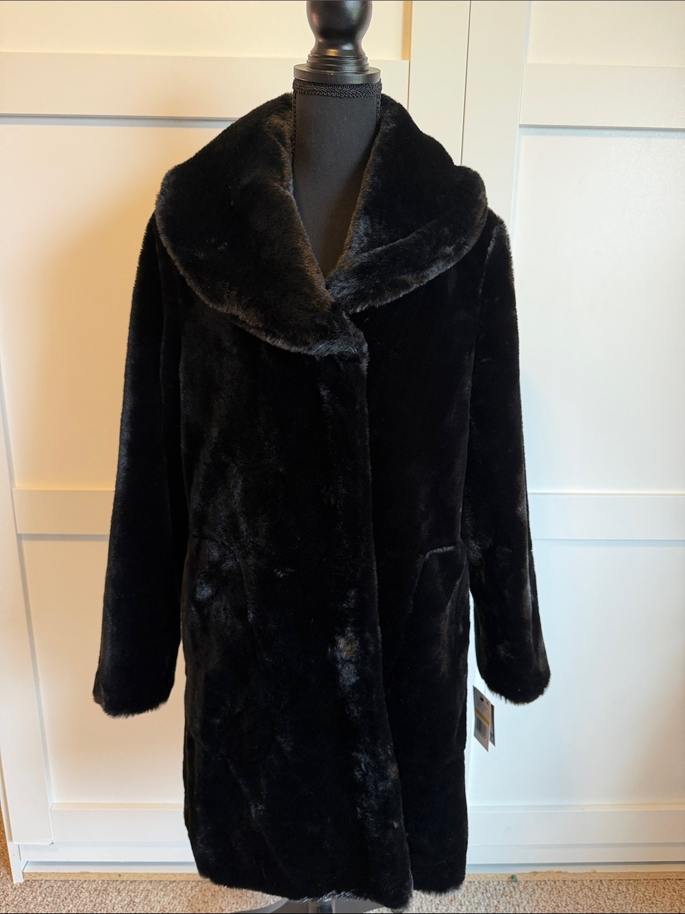 Gallery Black Faux Fur Teddy Coat with Wide Shawl Collar